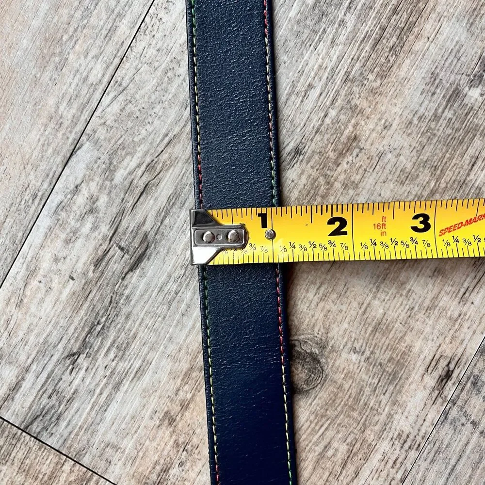 ASOS Genuine Leather Belt Black Rainbow Stitch Size 34 Statement Minimalist